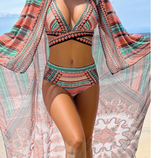 Geometric Print Bikini Set with Cross Design