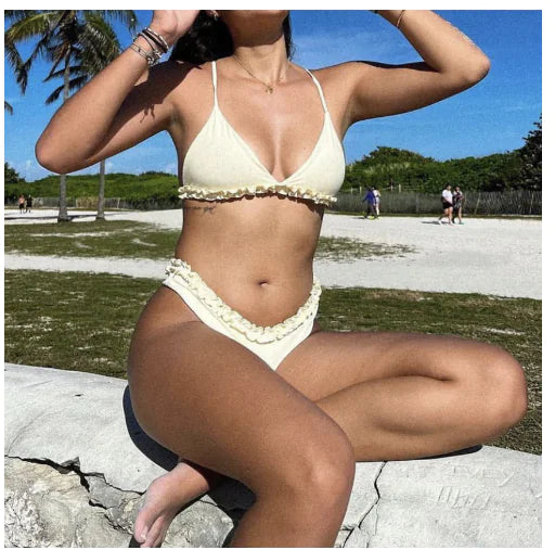 Sexy White Lace Trim Bikini Set